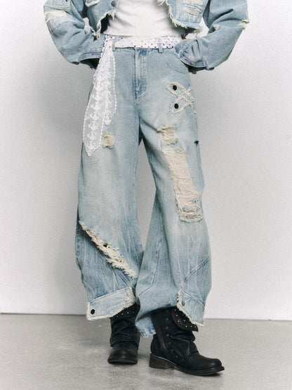 Frustration Garden Light Blue Washed Distressed Ripped Frayed Hem Women&
