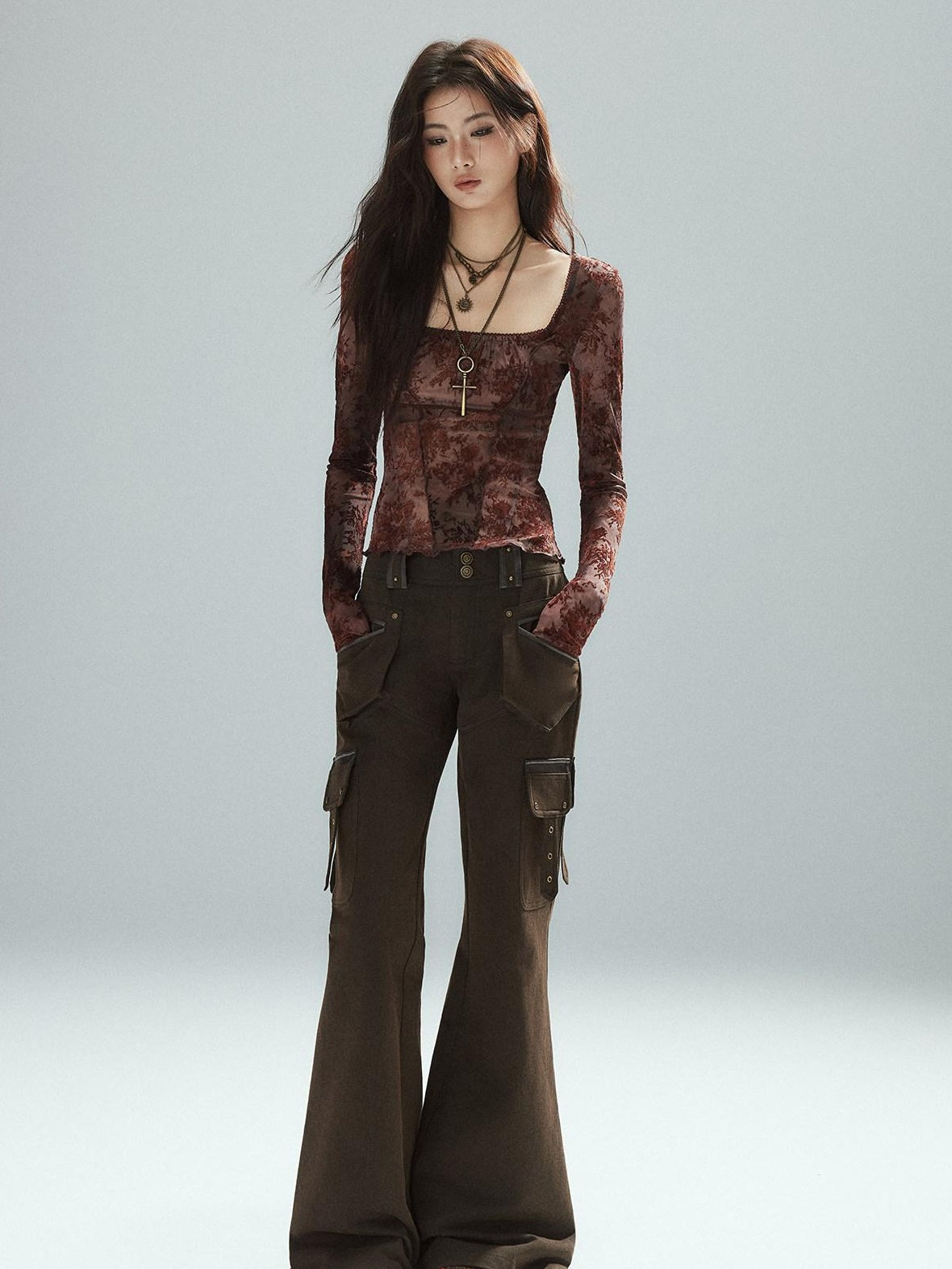 Low pixel Slim Low Rise Cotton Flare Street Style Zipper Brown Women Cargo Pants