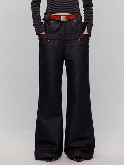 RUN TO THE FUTURE Low Rise Colorblock Loose Fit Zip Fly Black Denim Stretch Wide-Leg Jeans