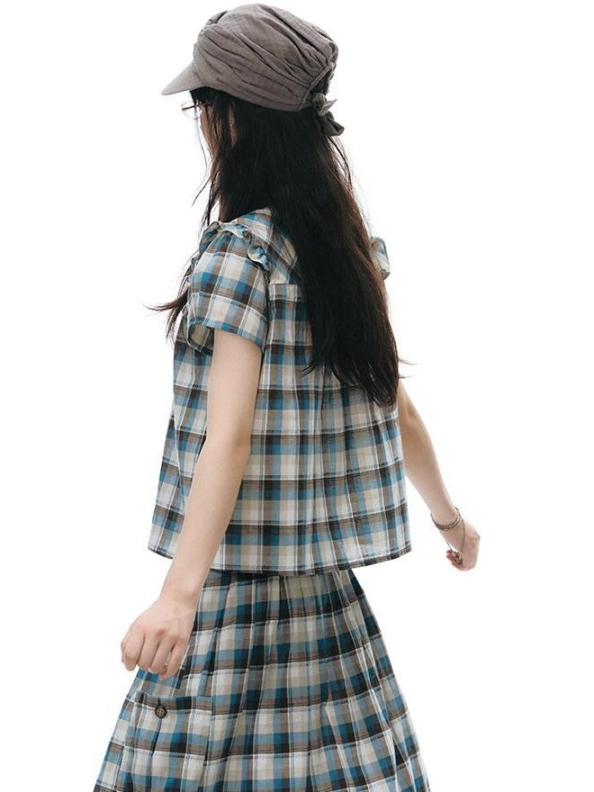 NAPSNAPS Blue Plaid Ruffle Puff Sleeve Button Tie Women&