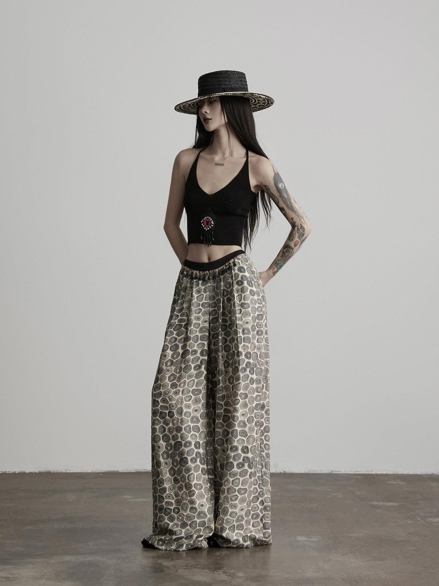 INDULGE Durable Viscose Blend Vintage Patchwork Abstract Pockets Women Wide-Leg Pants