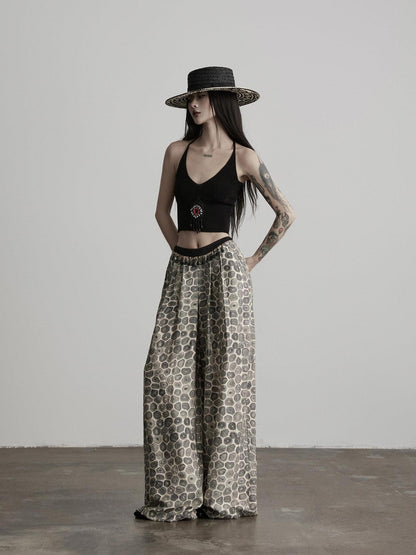 INDULGE Durable Viscose Blend Vintage Patchwork Abstract Pockets Women Wide-Leg Pants