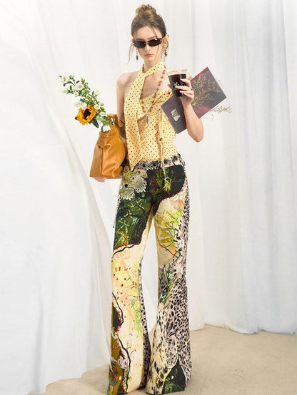 OfAkiva Yellow Polka Dot Printed Asymmetric Tassel Lapel Women&