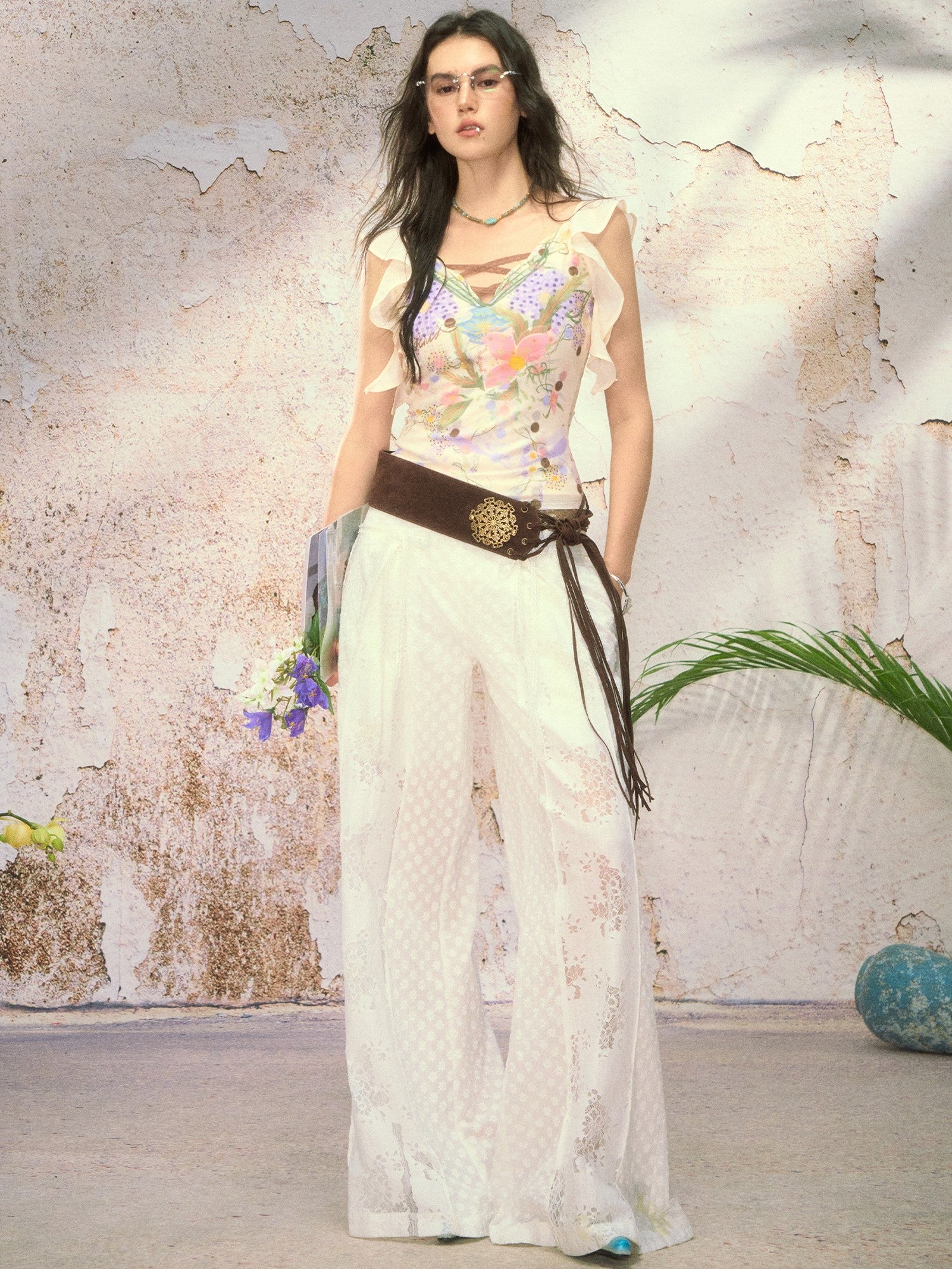 OfAkiva Handpainted Floral Ruffle Cross Tie Women&