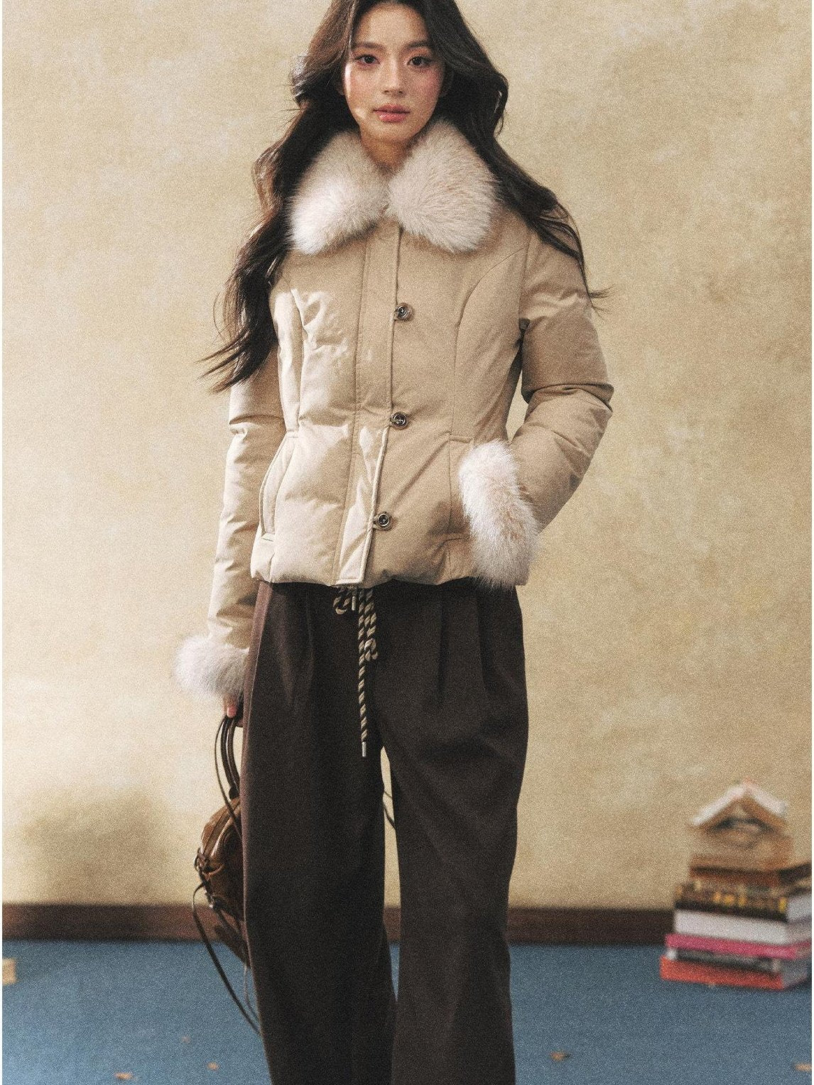 7Shiftin Warm Down Filled Plush Fur Collar Slim Fit Button Cropped Women Knit Sweaters