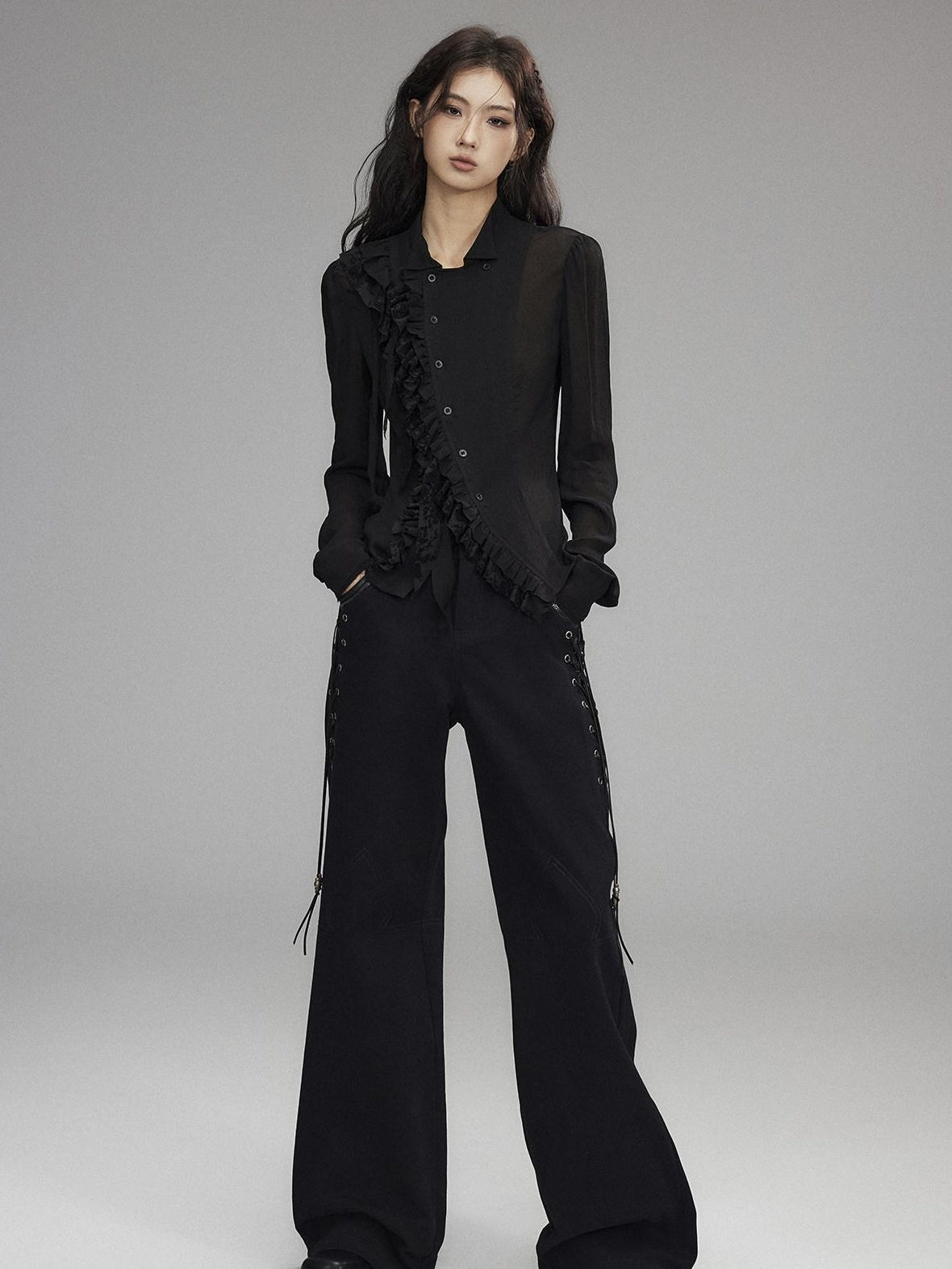 Low pixel Pure Cotton Low Rise Wide Leg Zipper Casual Womens Black Straight Pants