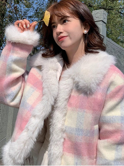 7Shiftin Pink Plaid Hidden Button Notch Lapel Preppy Youth Straight Fit Cropped Jackets