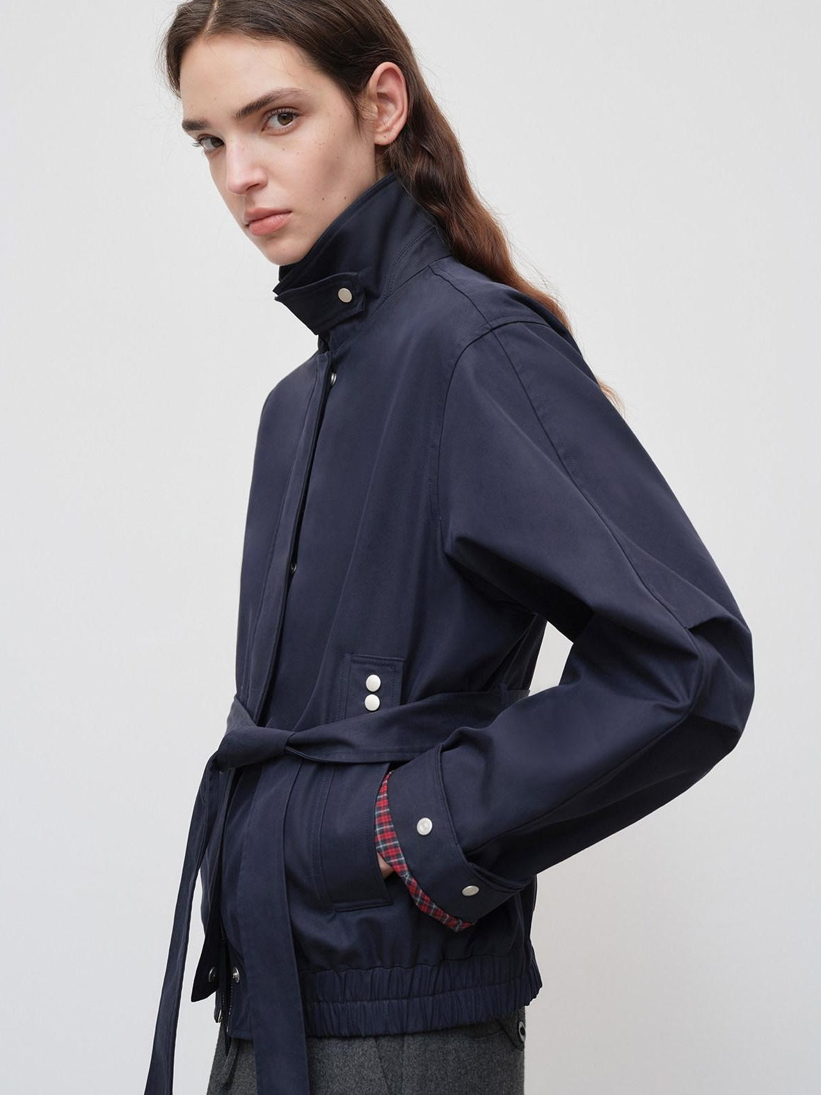 RUN TO THE FUTURE Windproof Lightweight American Loose Fit Plaid Zip Navy Women Windbreakers