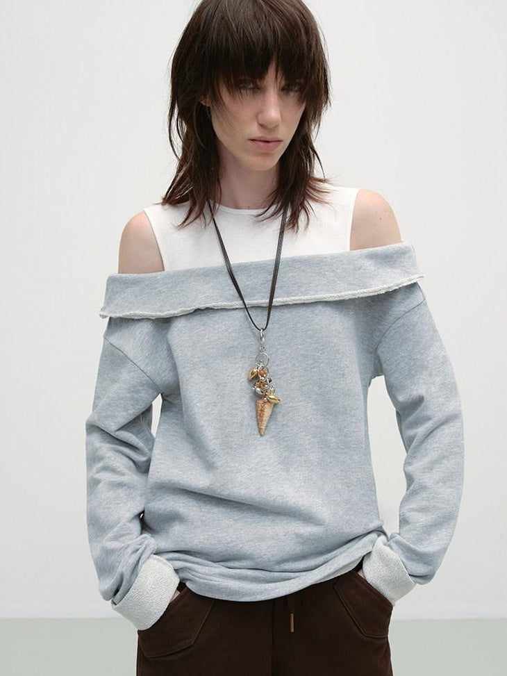 RUN TO THE FUTURE Gray White Patchwork Layered Loose Crewneck Commuter Women Pullover Sweatshirts