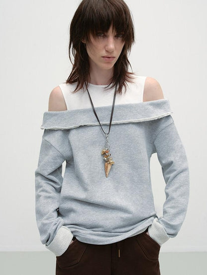 RUN TO THE FUTURE Gray White Patchwork Layered Loose Crewneck Commuter Women Pullover Sweatshirts