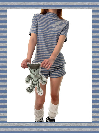 takeabreak Blue Grey Heather Striped Music Note Heat Transfer Women&