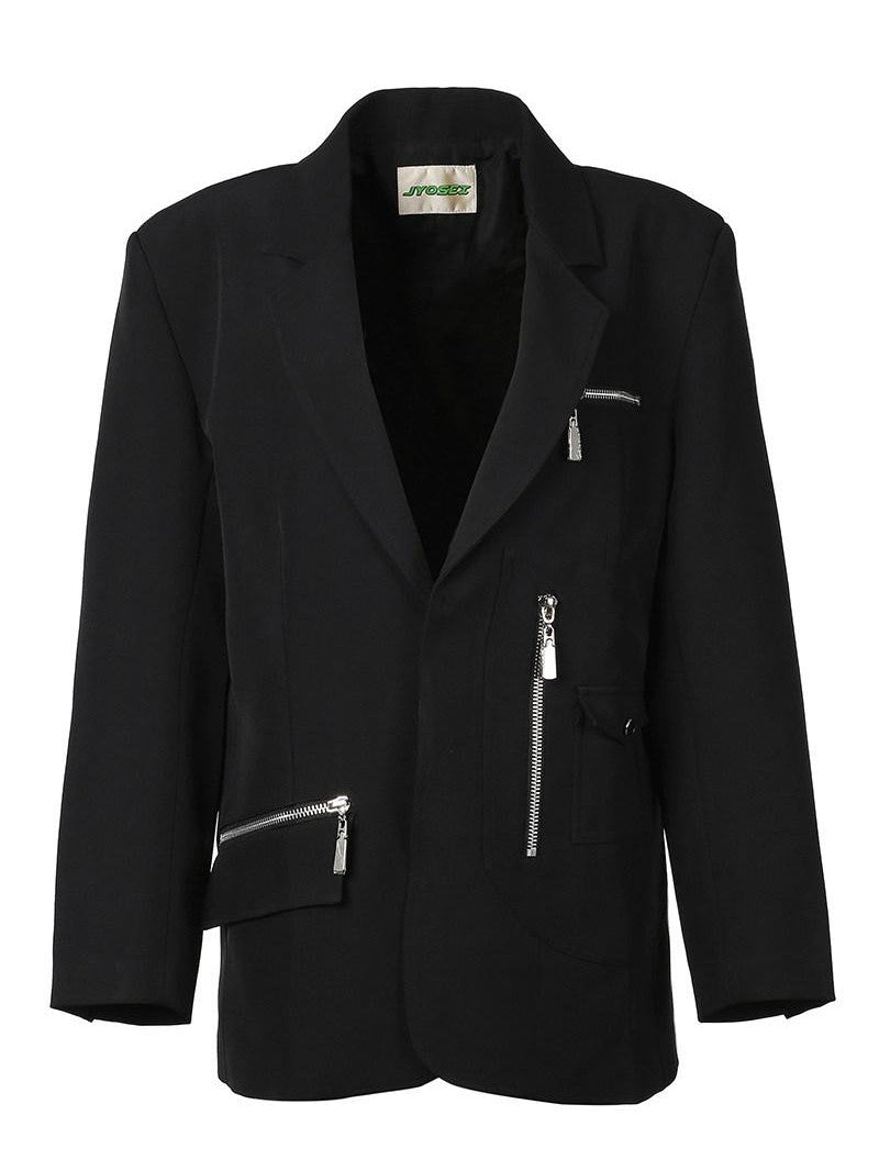 JYOSEI Black Padded Shoulder Loose Fit Single Button Pockets Women&