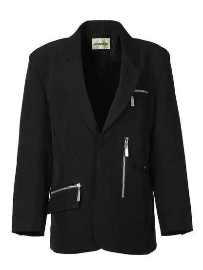 JYOSEI Black Padded Shoulder Loose Fit Single Button Pockets Women&
