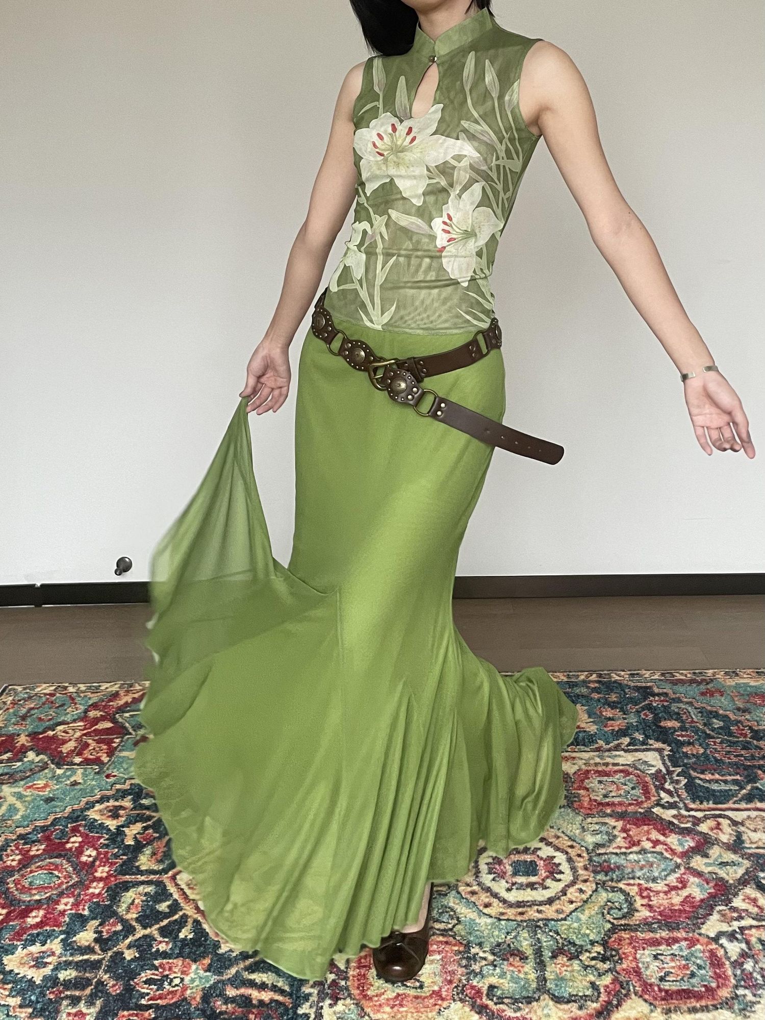 Wet Tail Elastic Mid Waist Chinese Inspired Mermaid Hem Casual Women Maxi Skirts