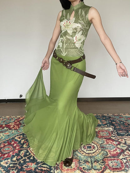 Wet Tail Elastic Mid Waist Chinese Inspired Mermaid Hem Casual Women Maxi Skirts