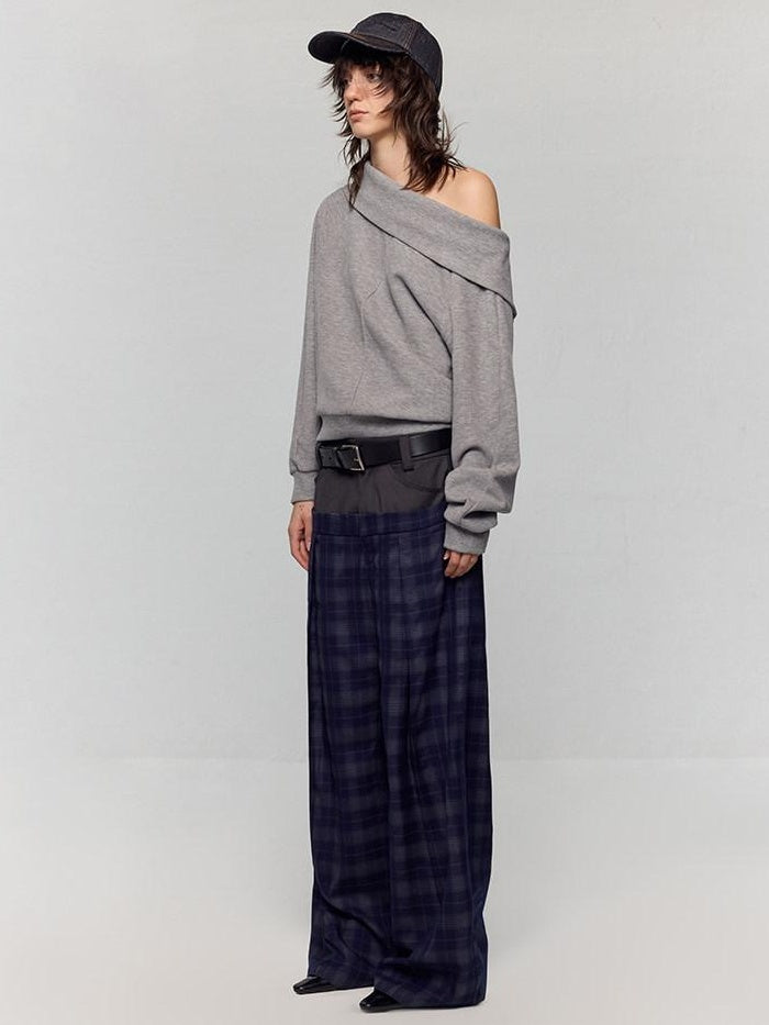 RUN TO THE FUTURE Asymmetric Slanted Neck Loose Fit Retro Office Pullover Heather Gray Sweatshirts