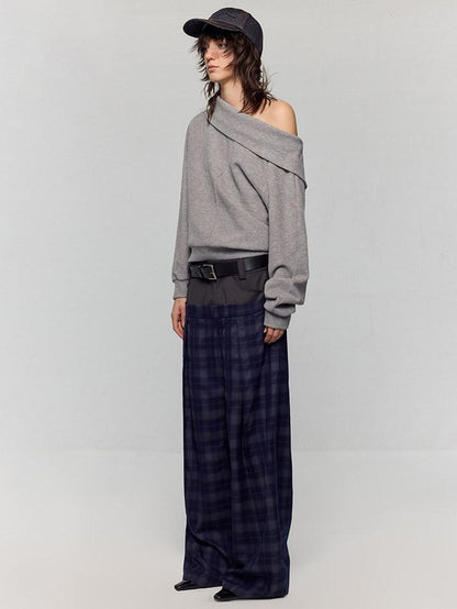 RUN TO THE FUTURE Asymmetric Slanted Neck Loose Fit Retro Office Pullover Heather Gray Sweatshirts