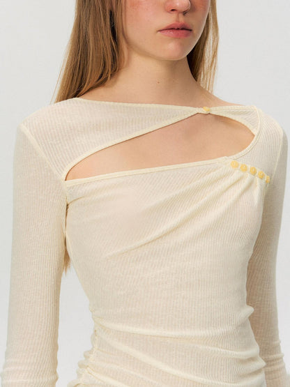 The NeverMore Sexy Cutout Slim Fit Crew Neck Light Apricot Cotton Blend Long Sleeve T-Shirts