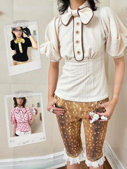 nit alcove Slimming Cute Loose Folded Princess Short Sleeve Unisex Shape Retaining Blouses