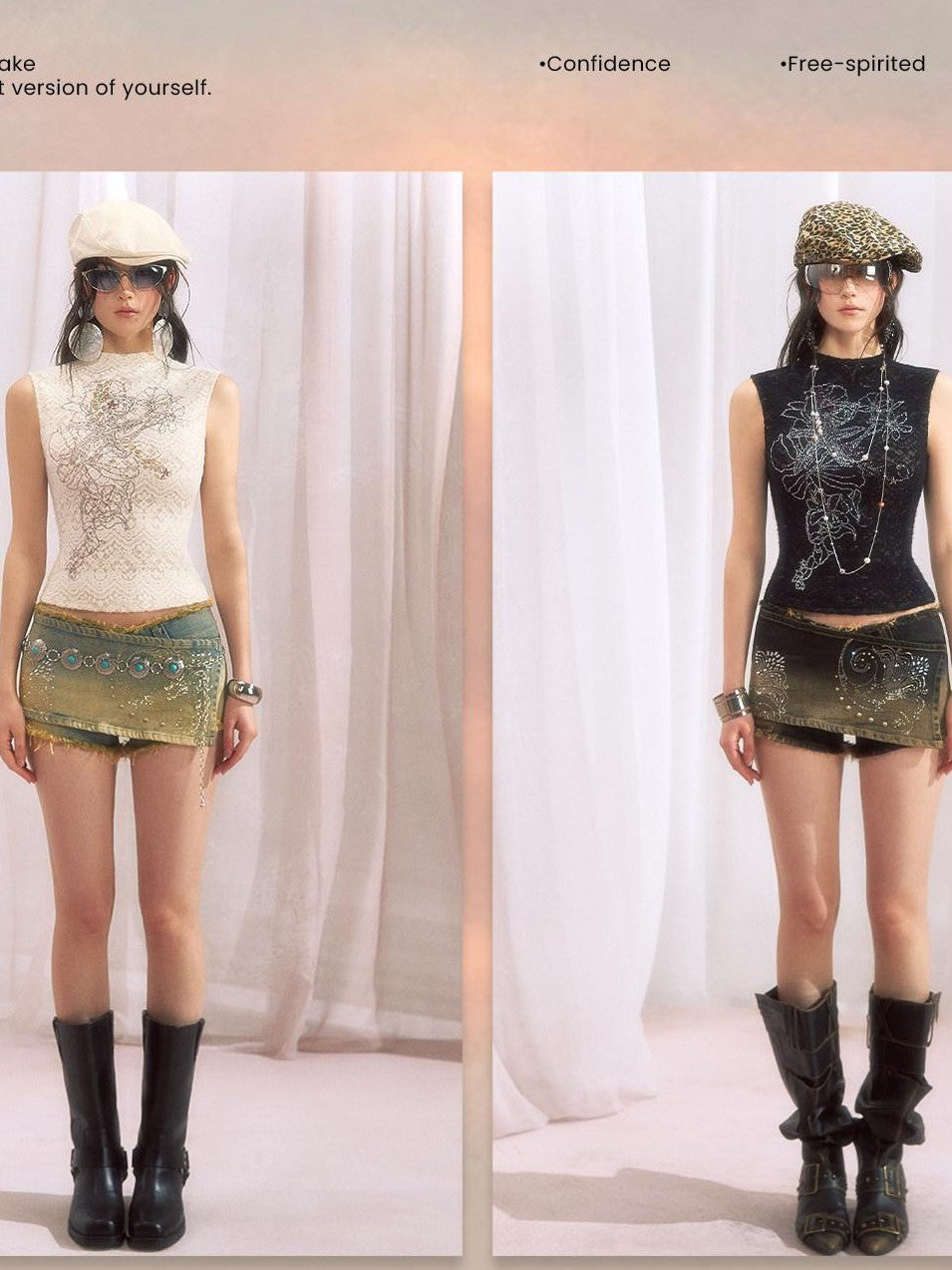 OfAkiva Vintage Rhinestone Floral High Neck Cropped Slim H Shape Women&