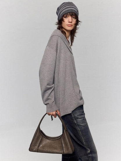 RUN TO THE FUTURE Waxed Leather Soft Handle Vintage Topstitch Medium Zipper Daily Handbags