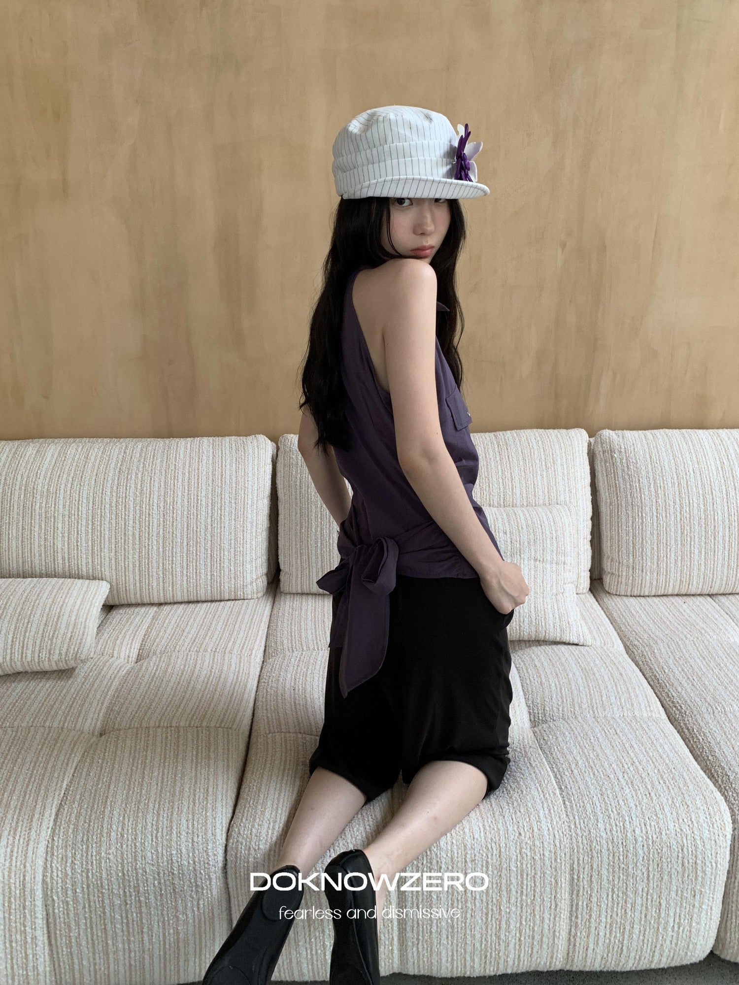 DKZ OFFICIAL Purple Halter Neck Shirt Style Lapel Collar Tie Waist Women&