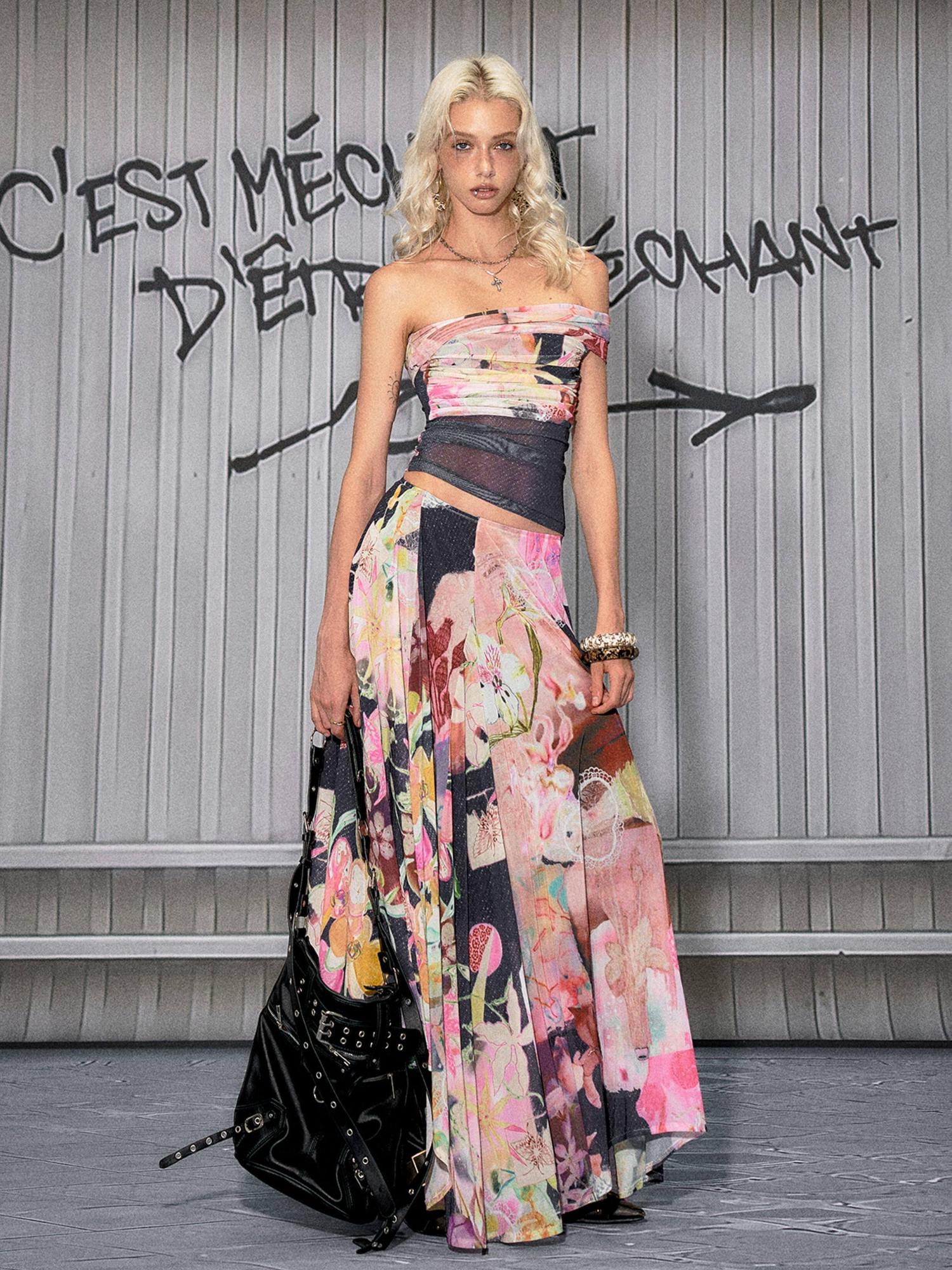The NeverMore Light Stretch Printed Pink Side Zipper A Line Loose Fit Mid Waist Maxi Skirts