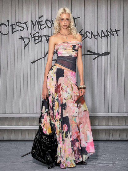 The NeverMore Light Stretch Printed Pink Side Zipper A Line Loose Fit Mid Waist Maxi Skirts