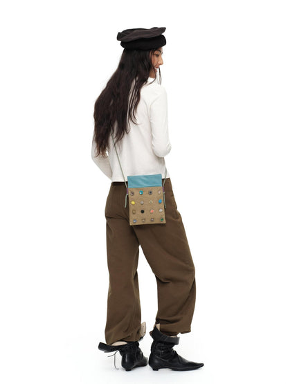 oinimi Khaki Stripe Button Badge Studded Square Women&