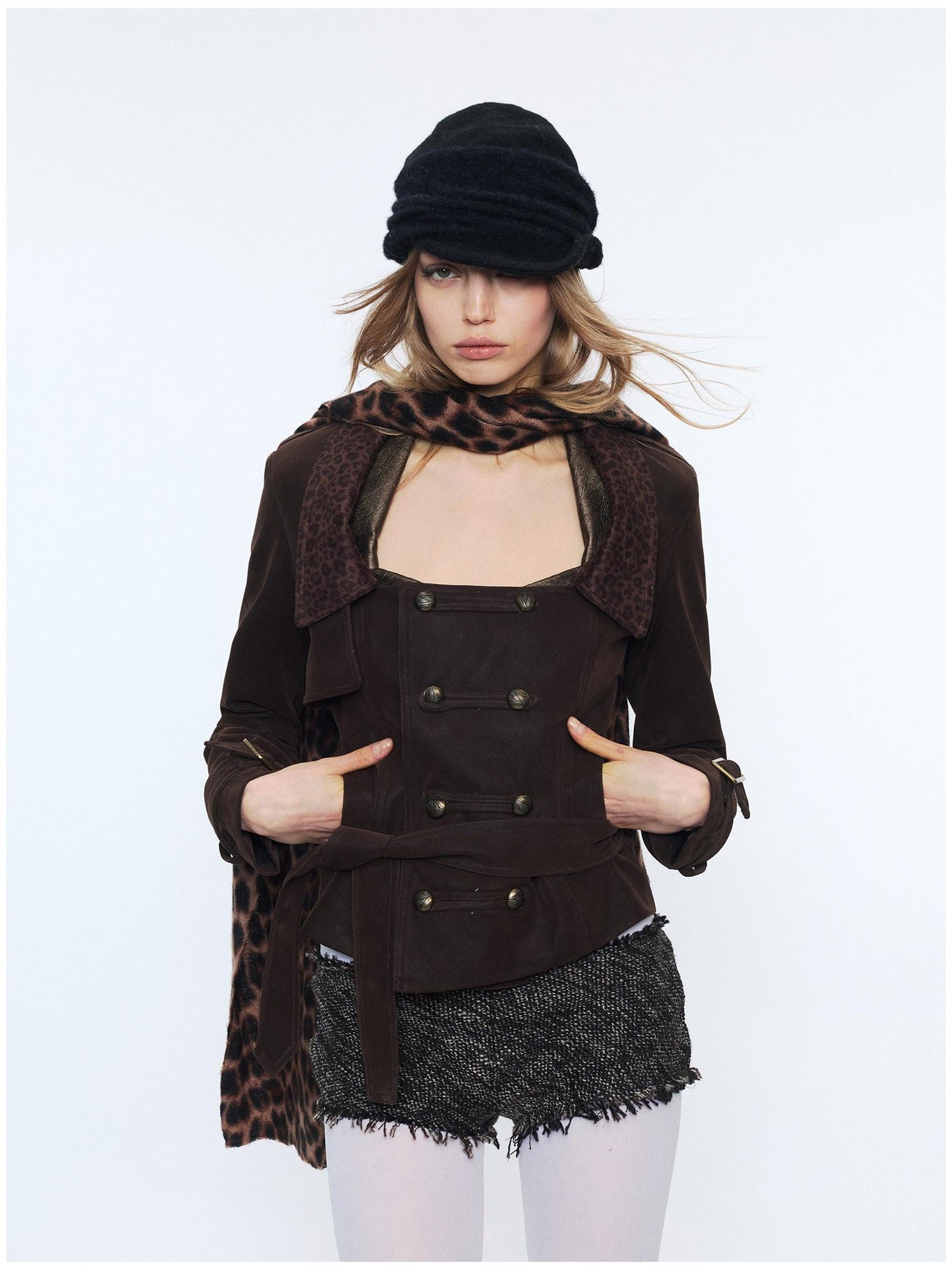 2th Desire Waist Cinch Punk Leopard Print Slim Fit Zip Short Women Trench Coats