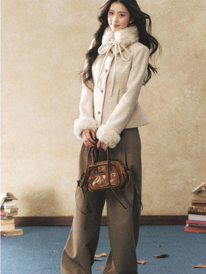 7Shiftin Pleated Wool Blend Natural Waist Casual Straight Hem Khaki Women Wide Leg Pants