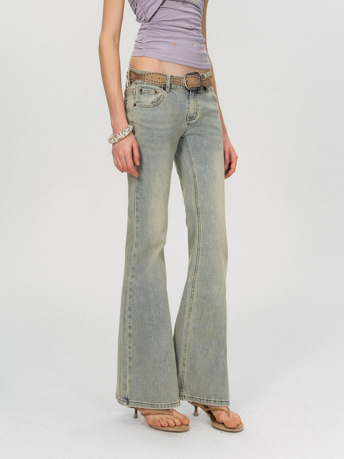 The NeverMore Washed Micro Flare Low Rise Micro Stretch Cotton Blue Green Straight Leg Jeans