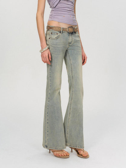 The NeverMore Washed Micro Flare Low Rise Micro Stretch Cotton Blue Green Straight Leg Jeans