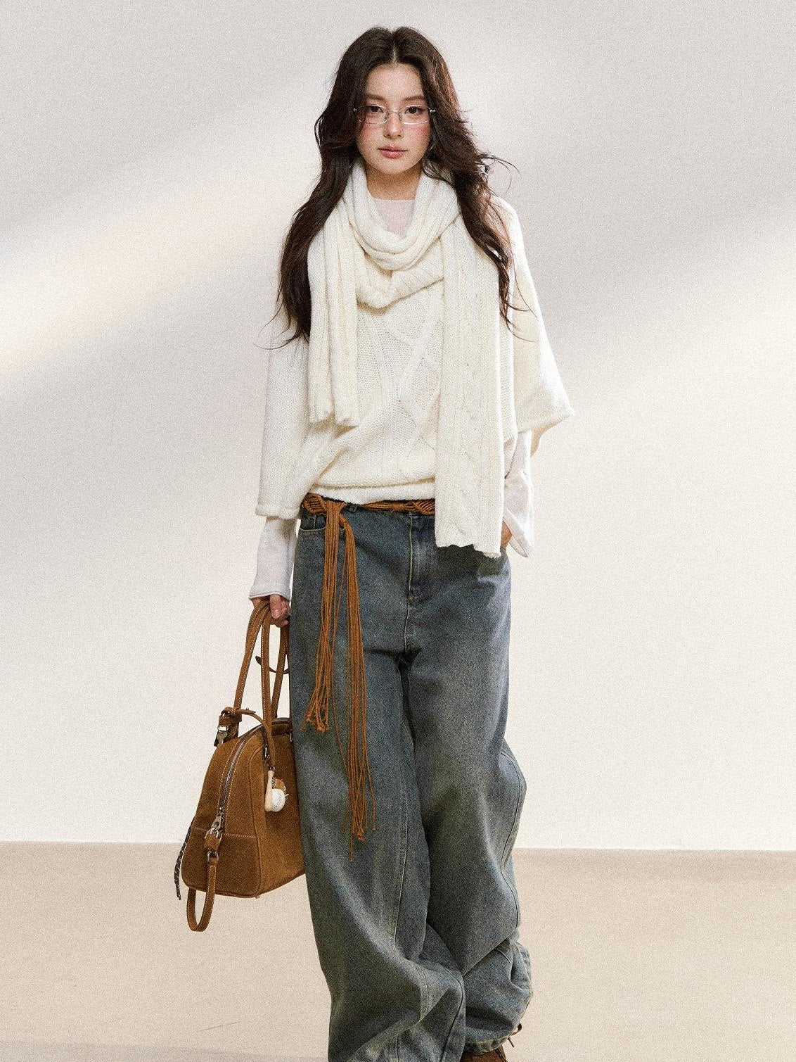7Shiftin Cozy High Neck Cropped Loose Pullover Knit For Girls White Blue Gray Sweaters