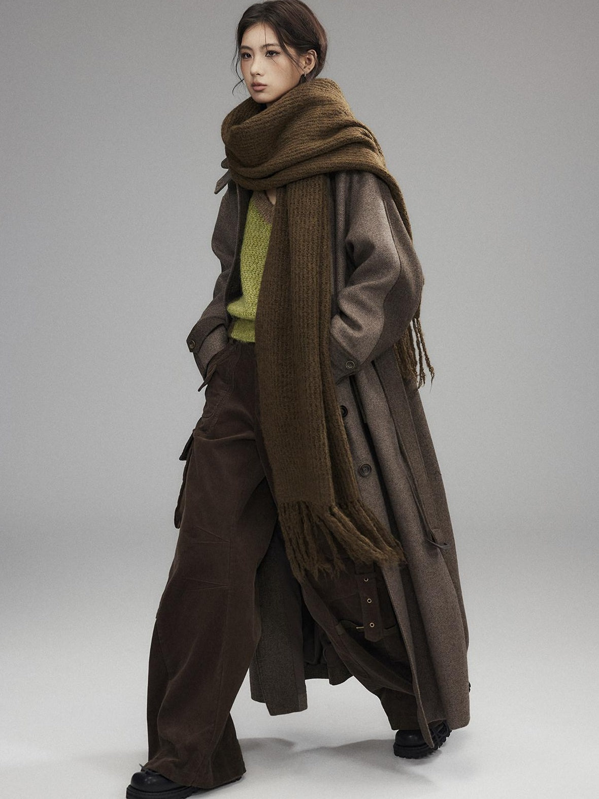 Low pixel Wool Blend Thick Colorblock Oversized Stand Collar Single Breasted Wool Coats