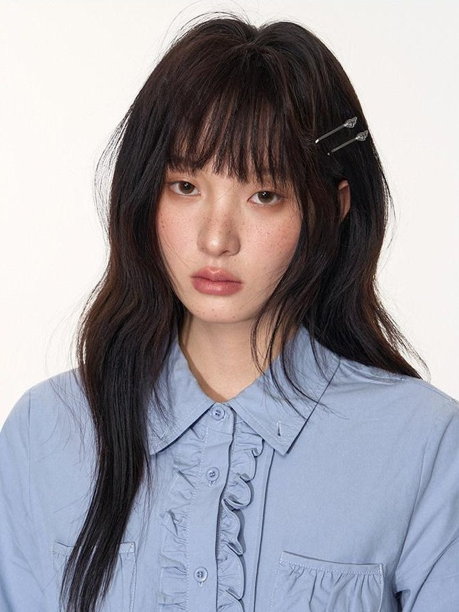 NAPSNAPS Ruffle Trim Pleated Point Collar Patch Pocket Women&