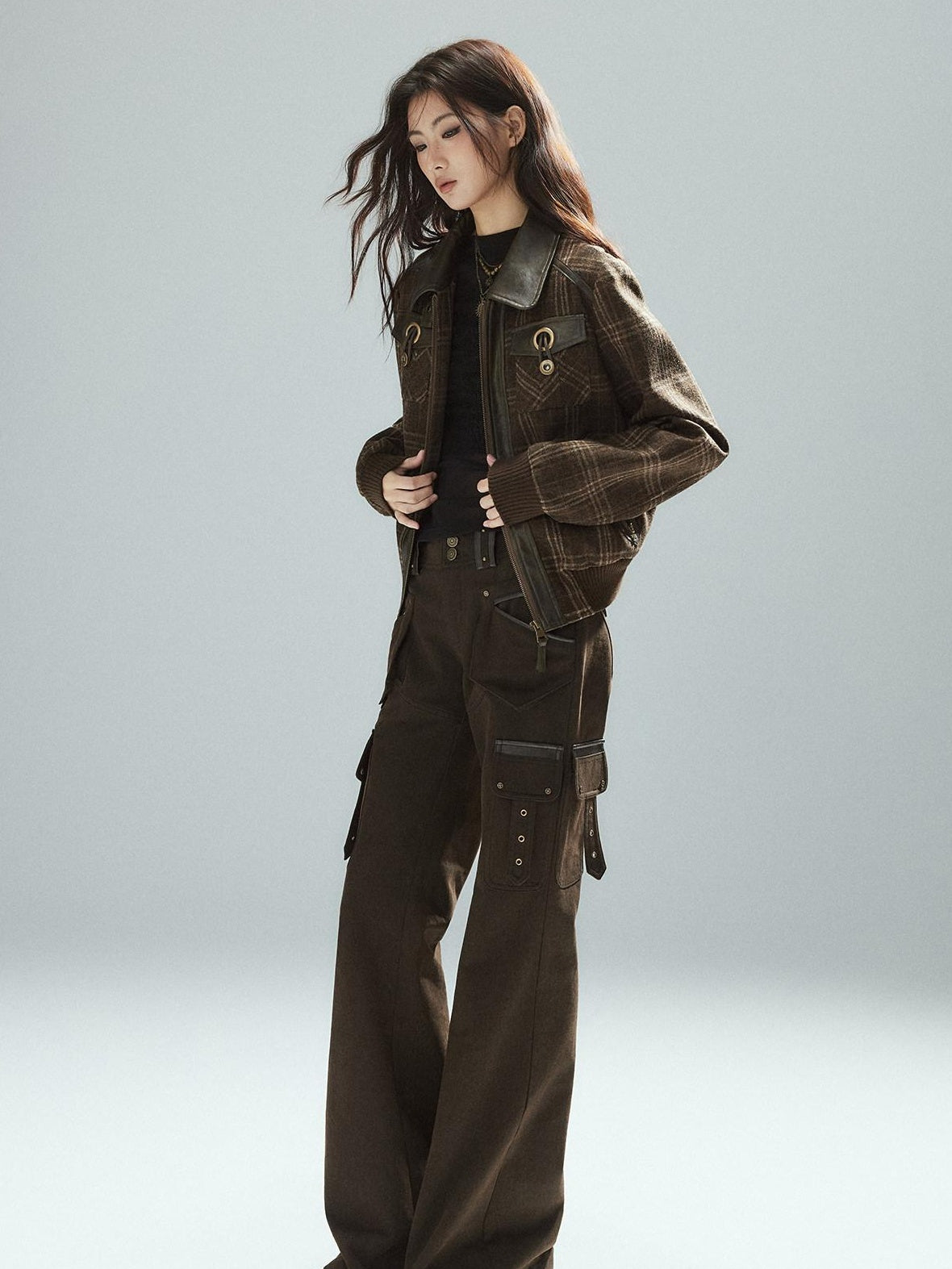 Low pixel Slim Low Rise Cotton Flare Street Style Zipper Brown Women Cargo Pants