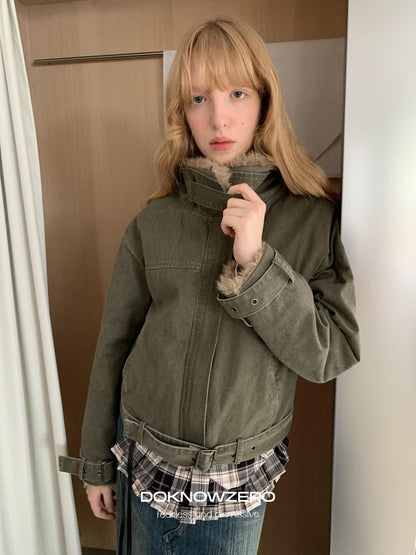 DKZ OFFICIAL Olive Green Fur Collar Washed Vintage Women&