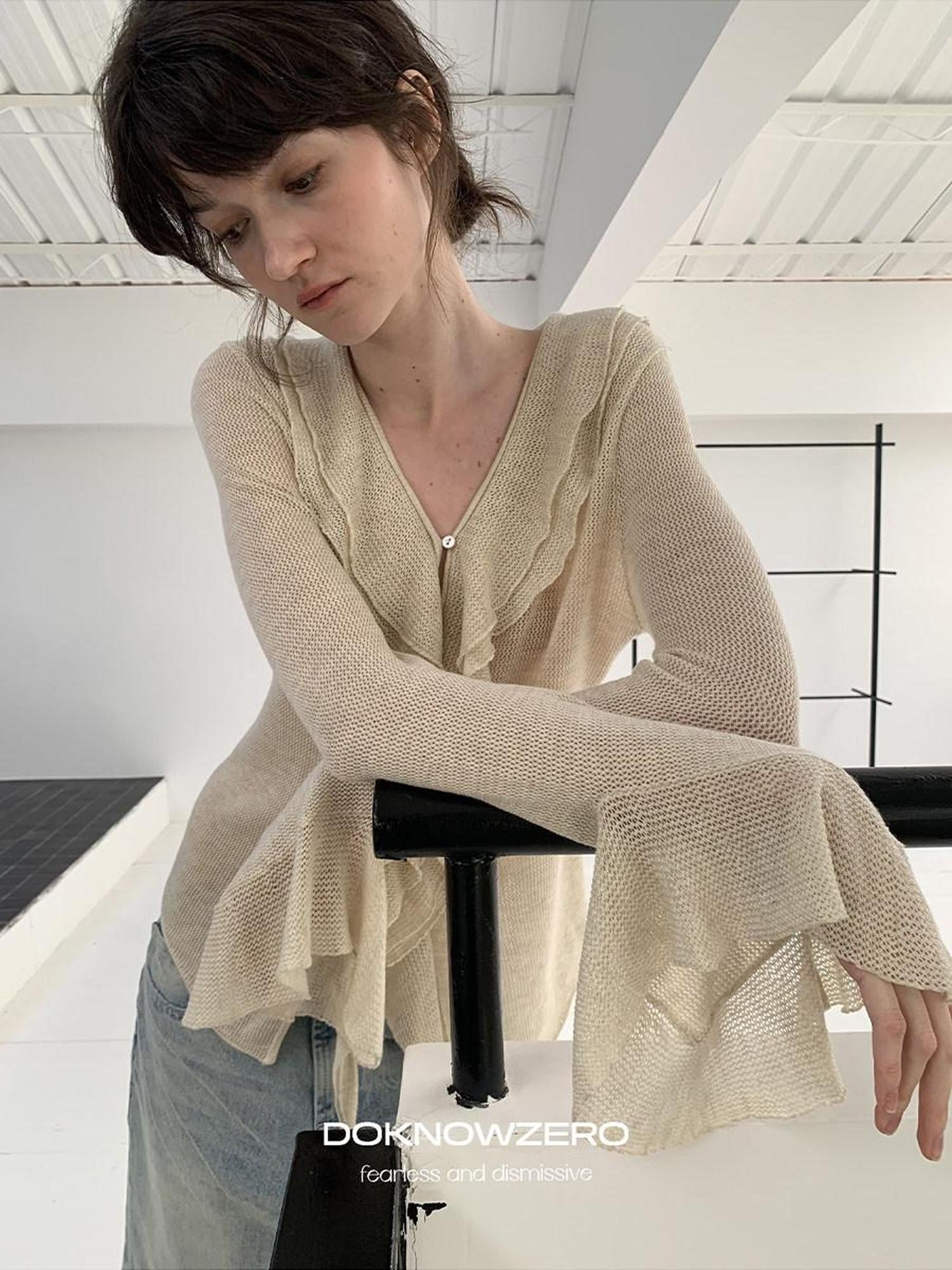 DKZ OFFICIAL Irregular Ruffle Tie V-neck Sheer Knitted Women&