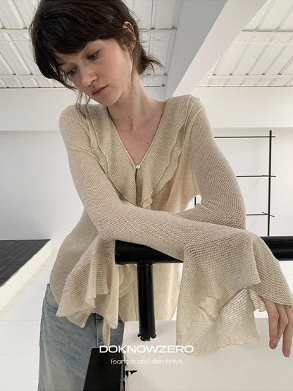DKZ OFFICIAL Irregular Ruffle Tie V-neck Sheer Knitted Women&