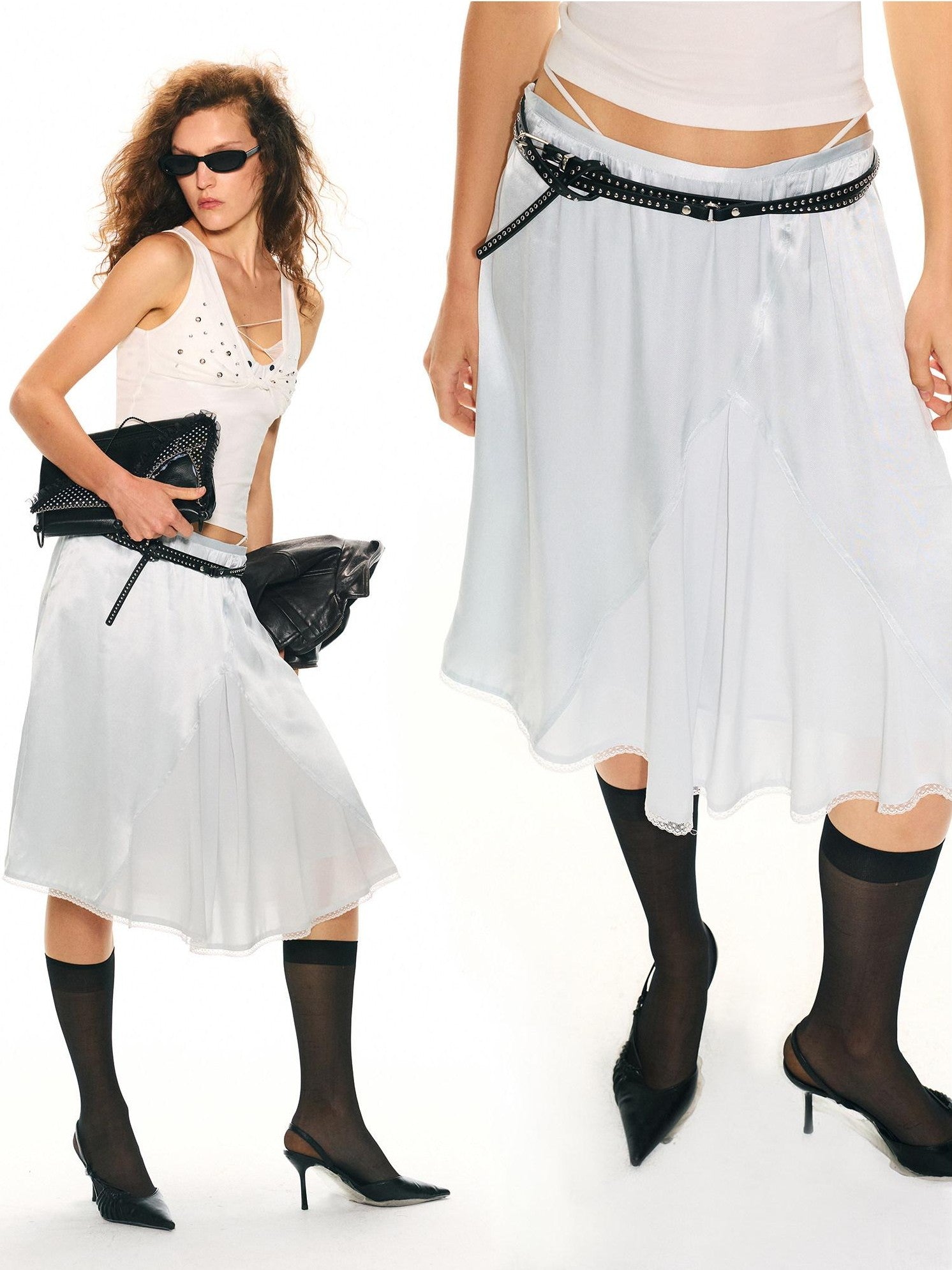 2th Desire Blue Lace Embroidered Spliced High Waist A Line Women&