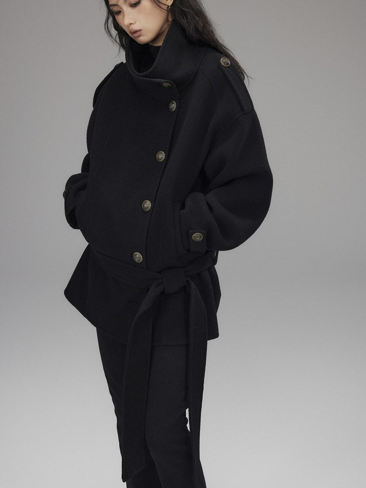 Low pixel Warm Oversized Street Midlength Notch Lapel Wool Cashmere Black Wool Coats