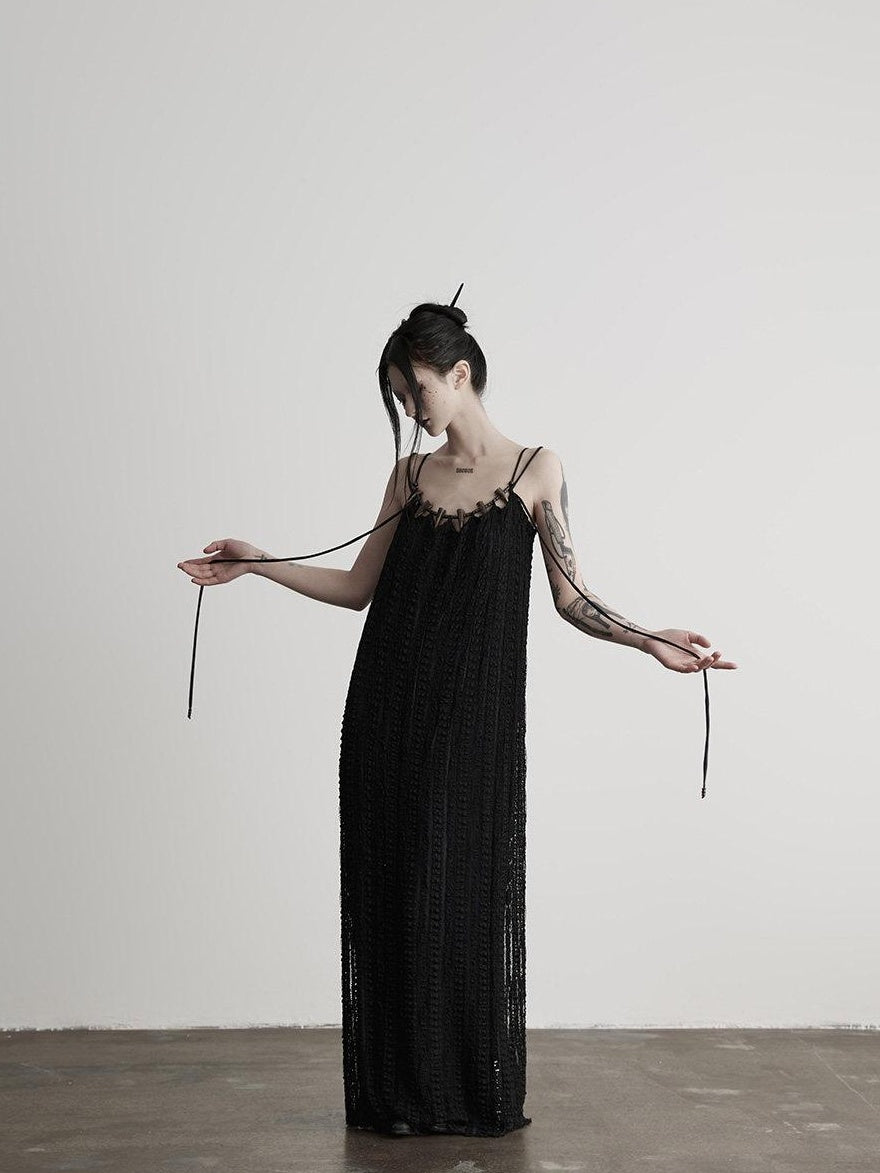 INDULGE Sleek Dark Goth Lace Ribbon H Natural Waist Black Nylon Slip Maxi Dresses