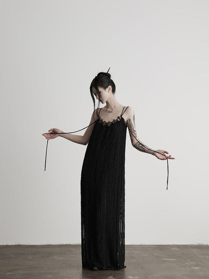 INDULGE Sleek Dark Goth Lace Ribbon H Natural Waist Black Nylon Slip Maxi Dresses