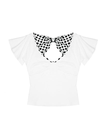 nit alcove Bow Detail Slim V-neck Cotton Polka Dot Commuter Women Basic Crop Tops