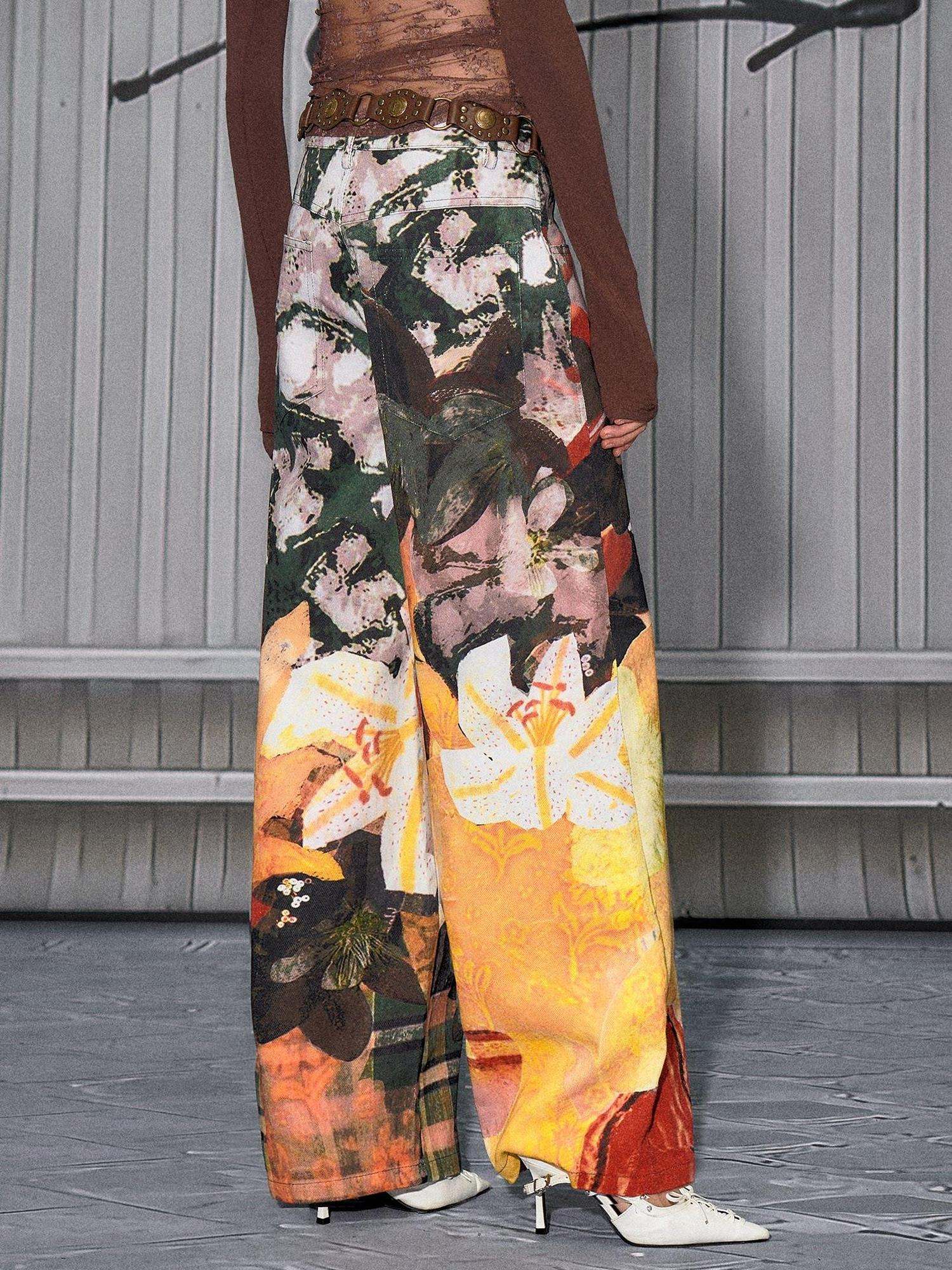 The NeverMore Sexy Mid Low Waist Hot Girl Floral Printed 100 Percent Cotton Wide Leg Pants