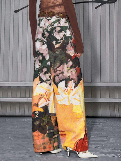 The NeverMore Sexy Mid Low Waist Hot Girl Floral Printed 100 Percent Cotton Wide Leg Pants