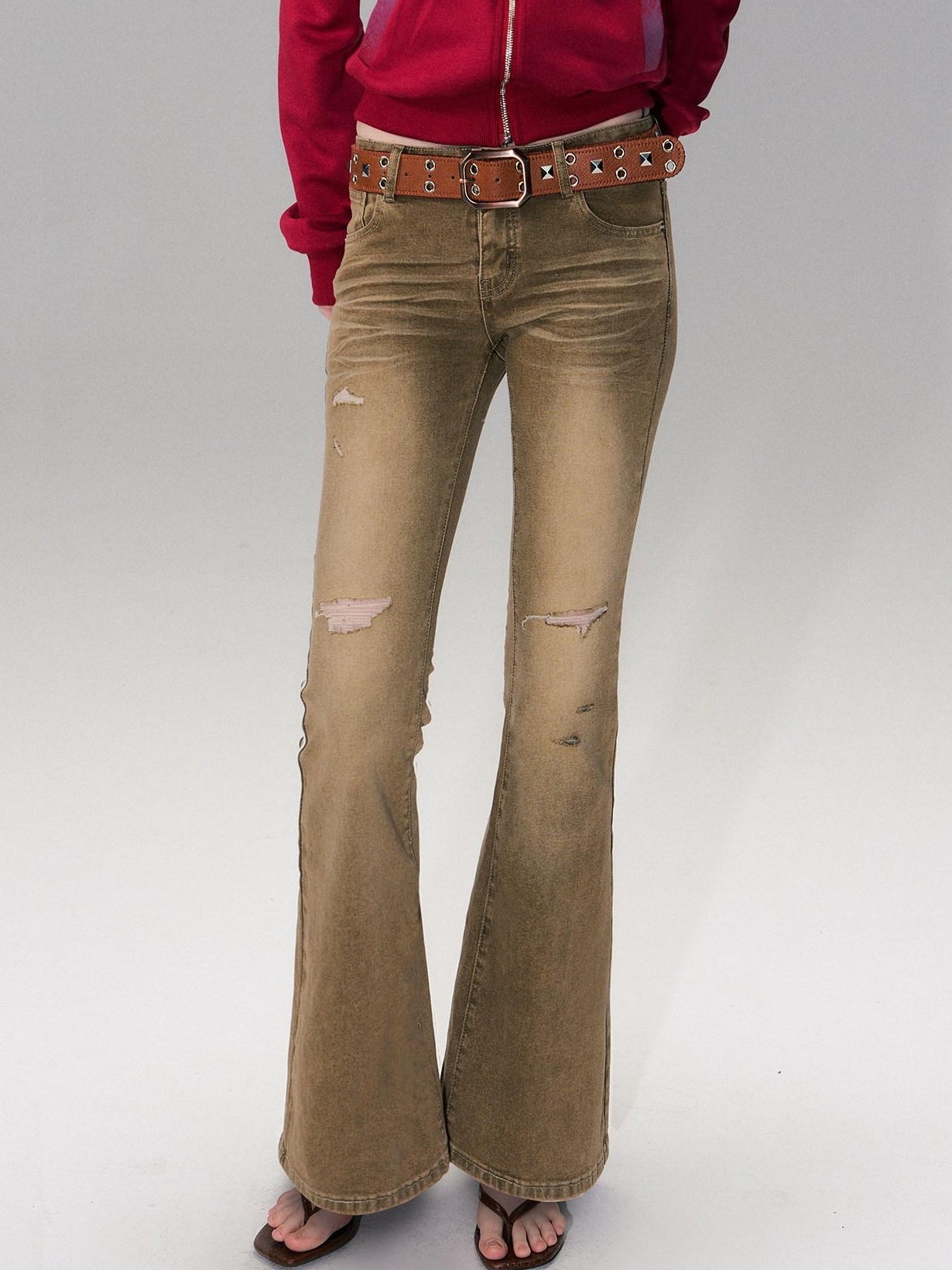 The NeverMore Brown Washed Low Rise Ripped Sexy Slim Fit Cotton Slight Stretch Womens Jeans