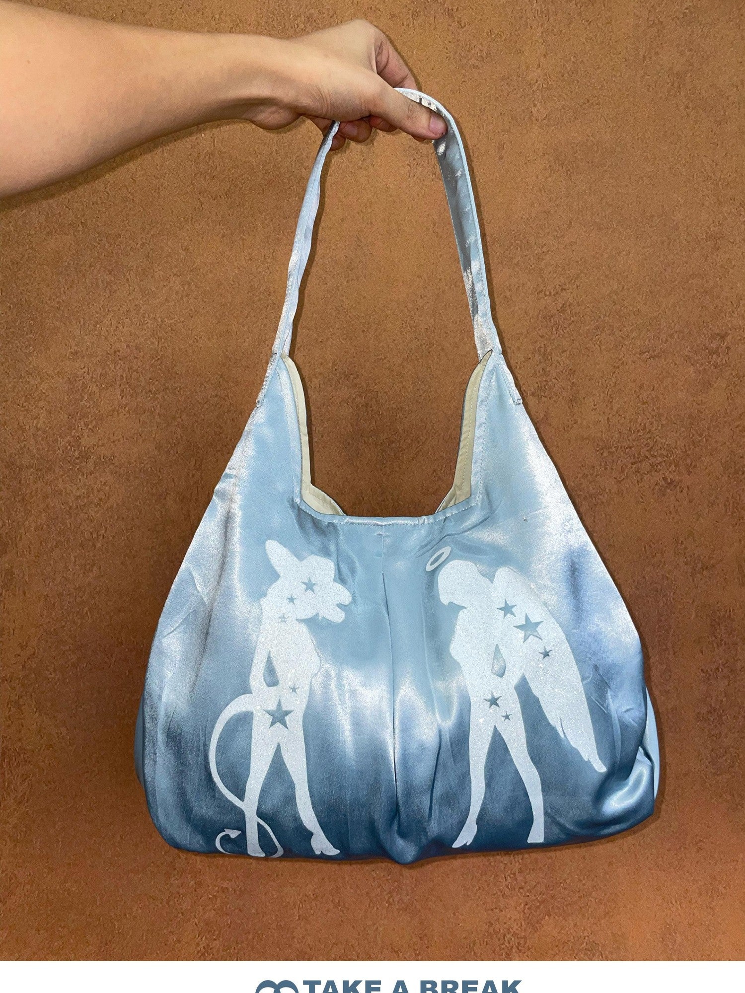 takeabreak Light Blue Silky Satin Tote Print Women&