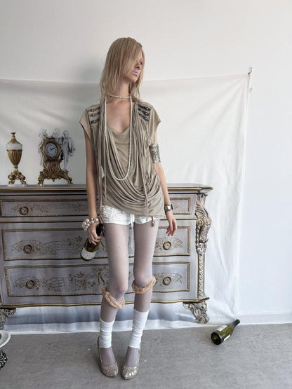 DoublePunch Desert Sand Asymmetric Draped Tassel Knit Women&
